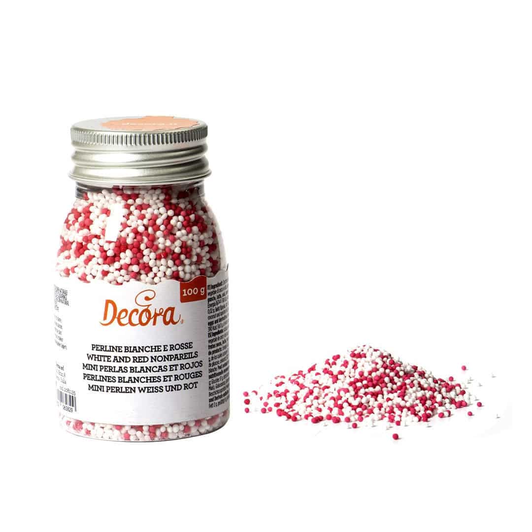 decorazione per torta con palline di zucchero bianche e rosse