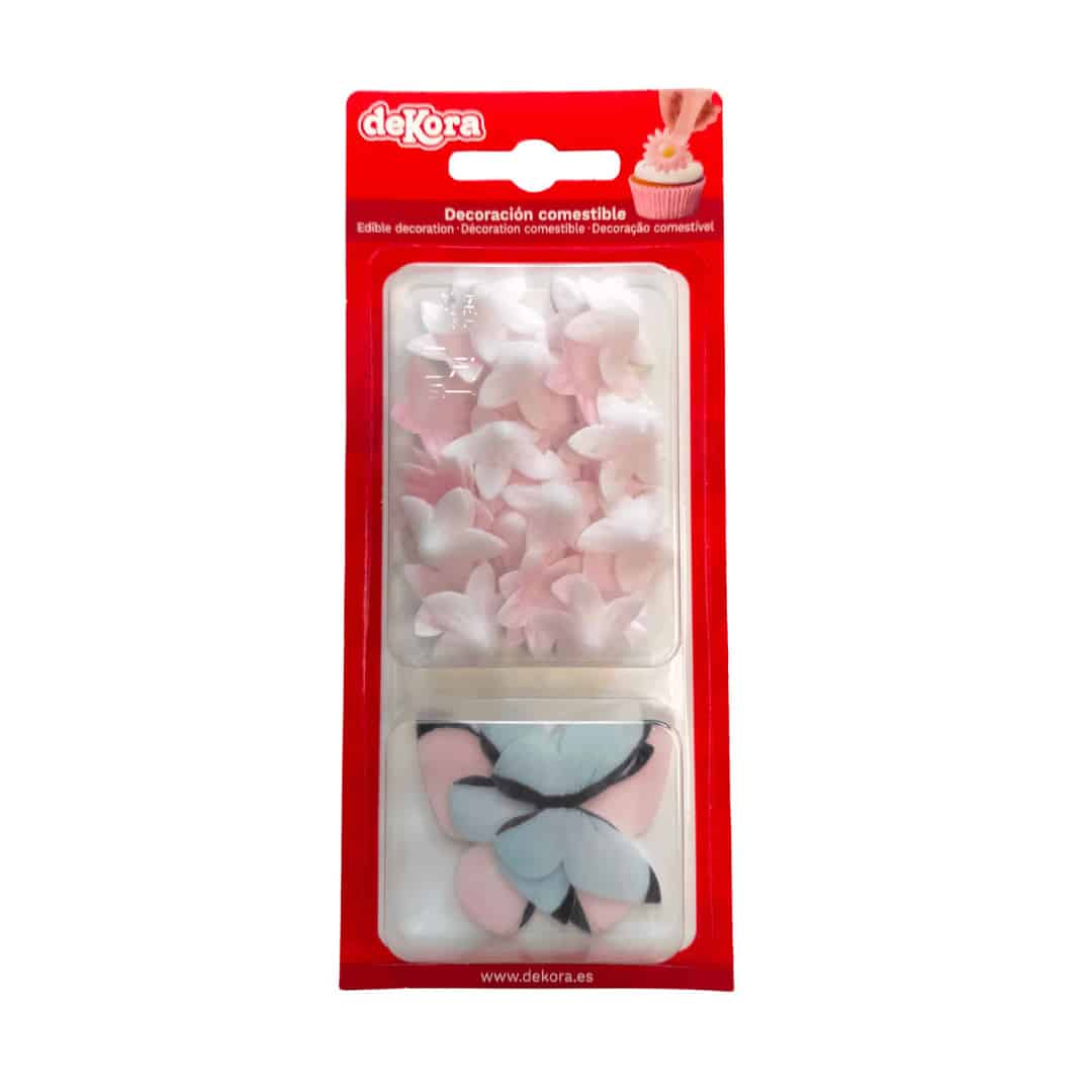 farfalle rosa e blu e fiori rosa in matzo