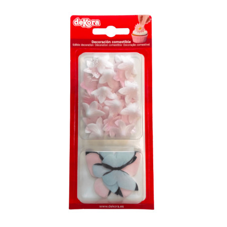 farfalle rosa e blu e fiori rosa in matzo