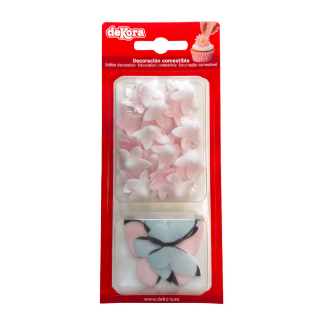 farfalle rosa e blu e fiori rosa in matzo