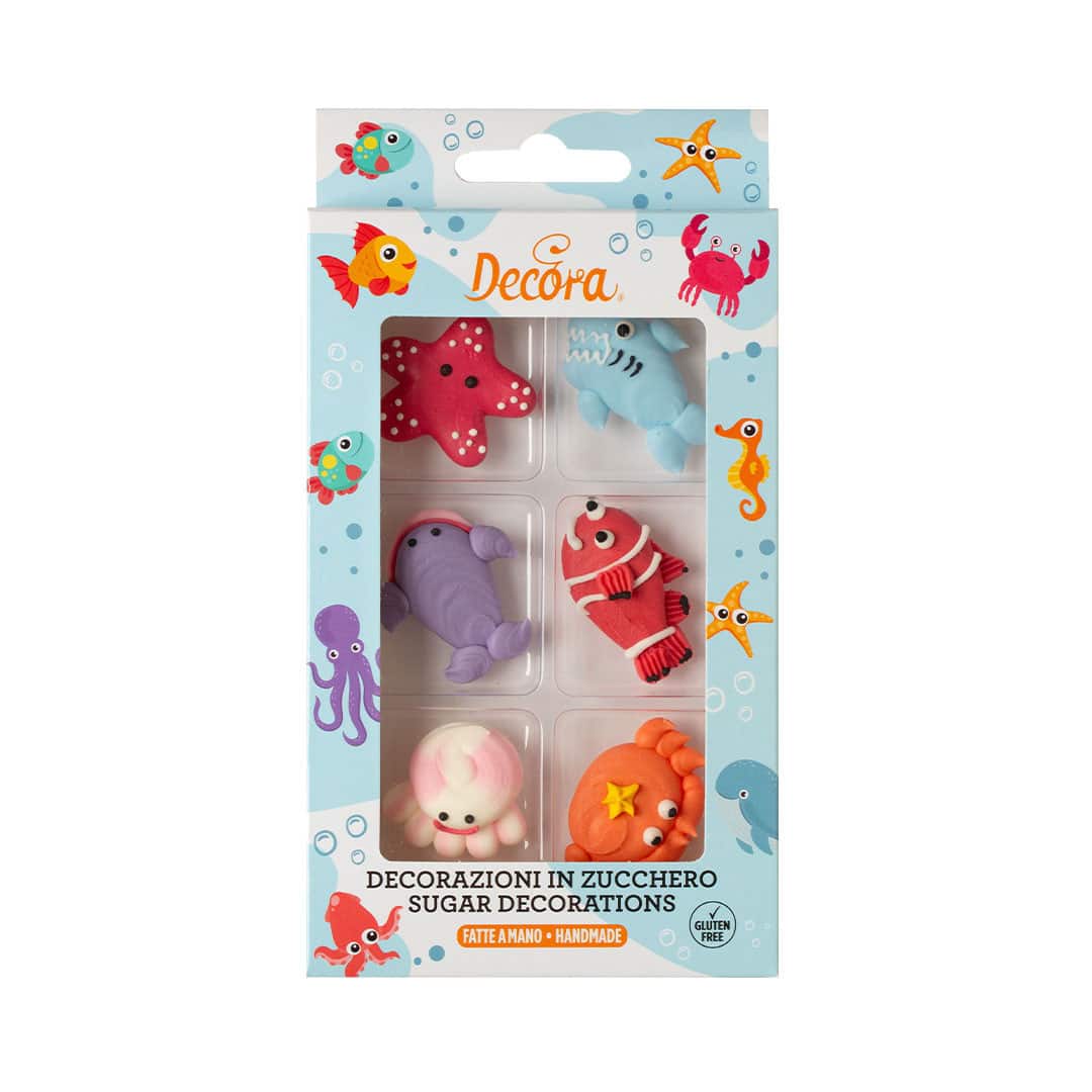 6 animali marini in zucchero 2D per decorazione torte