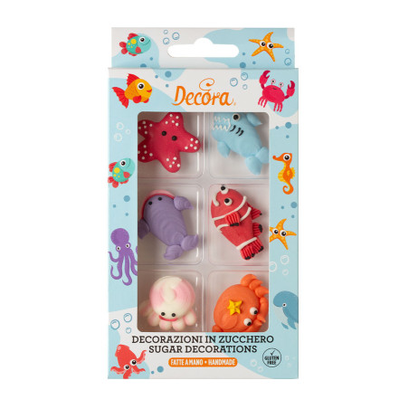 6 animali marini in zucchero 2D per decorazione torte