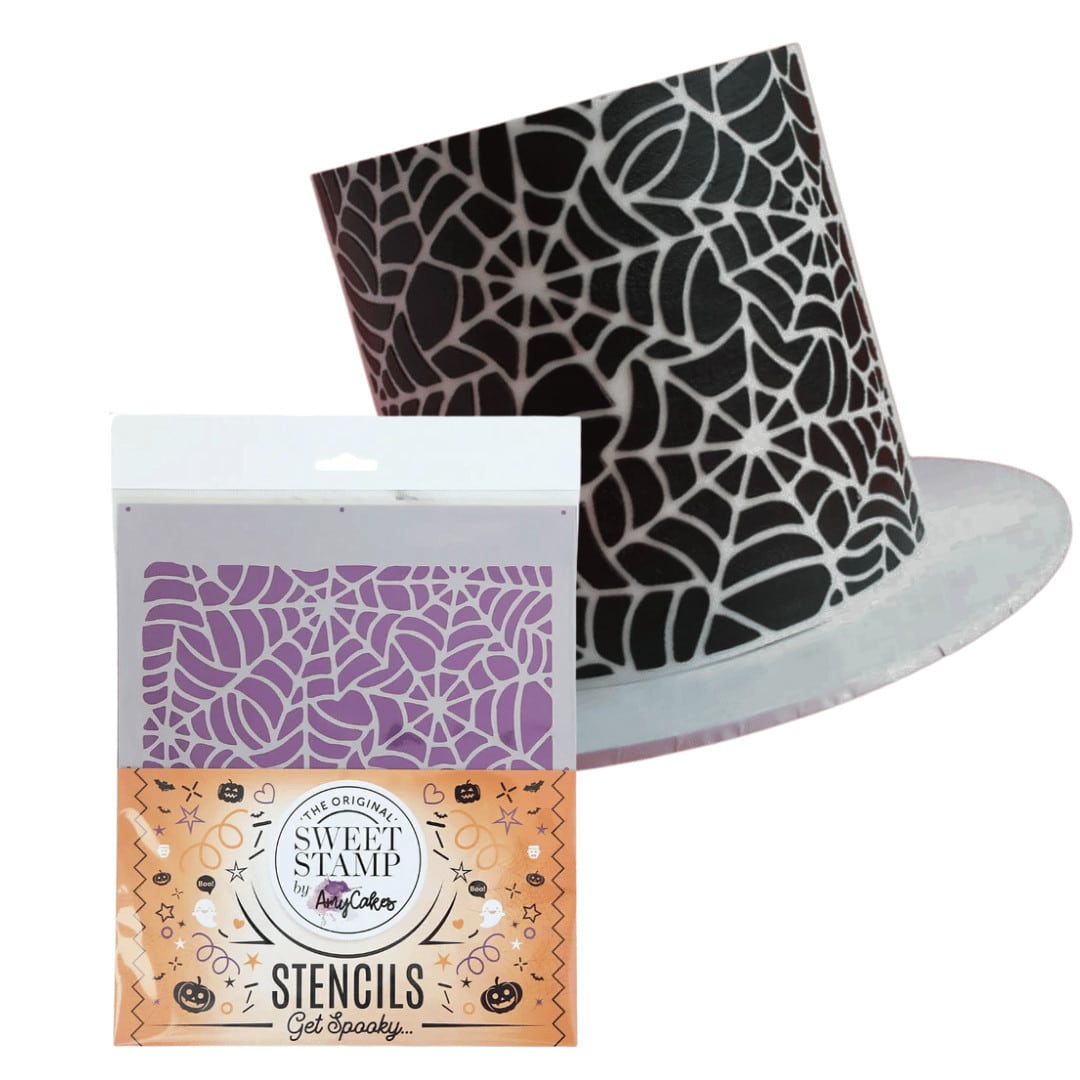 Stencil per timbri dolci con ragnatele e visualizzazione su una torta a strati