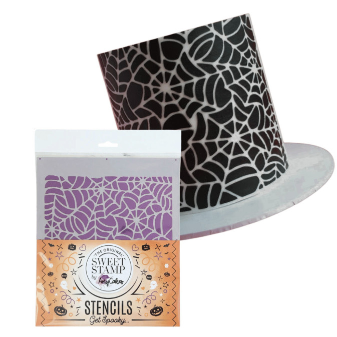 Stencil per timbri dolci con ragnatele e visualizzazione su una torta a strati