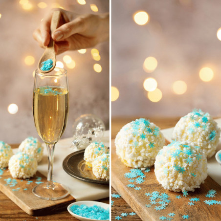 Usa decorazioni blu con fiocchi di neve commestibili