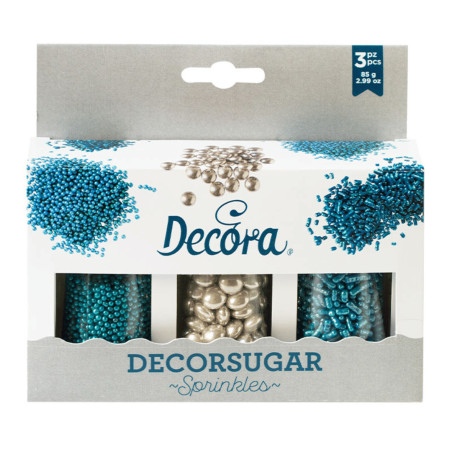 Il trio spruzza decori argento e blu