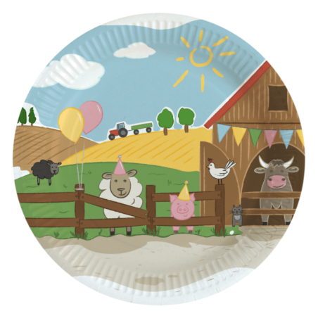 8 piatti di carta a tema fattoria da 23 cm