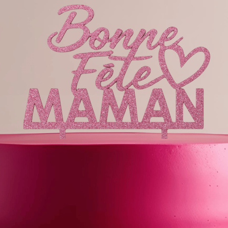 topper per torta per la festa della mamma con glitter rosa