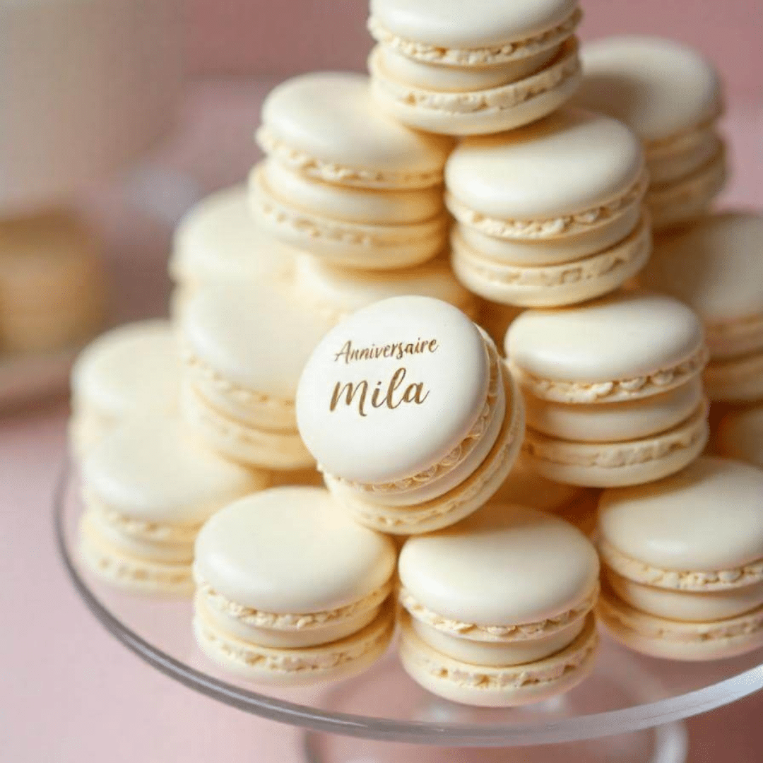 conchiglie di macaron con testo inciso