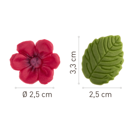 dimensioni Fiori e foglie fucsia in zucchero