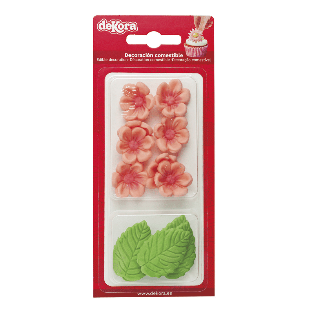 8 fiori rosa pastello e 5 foglie