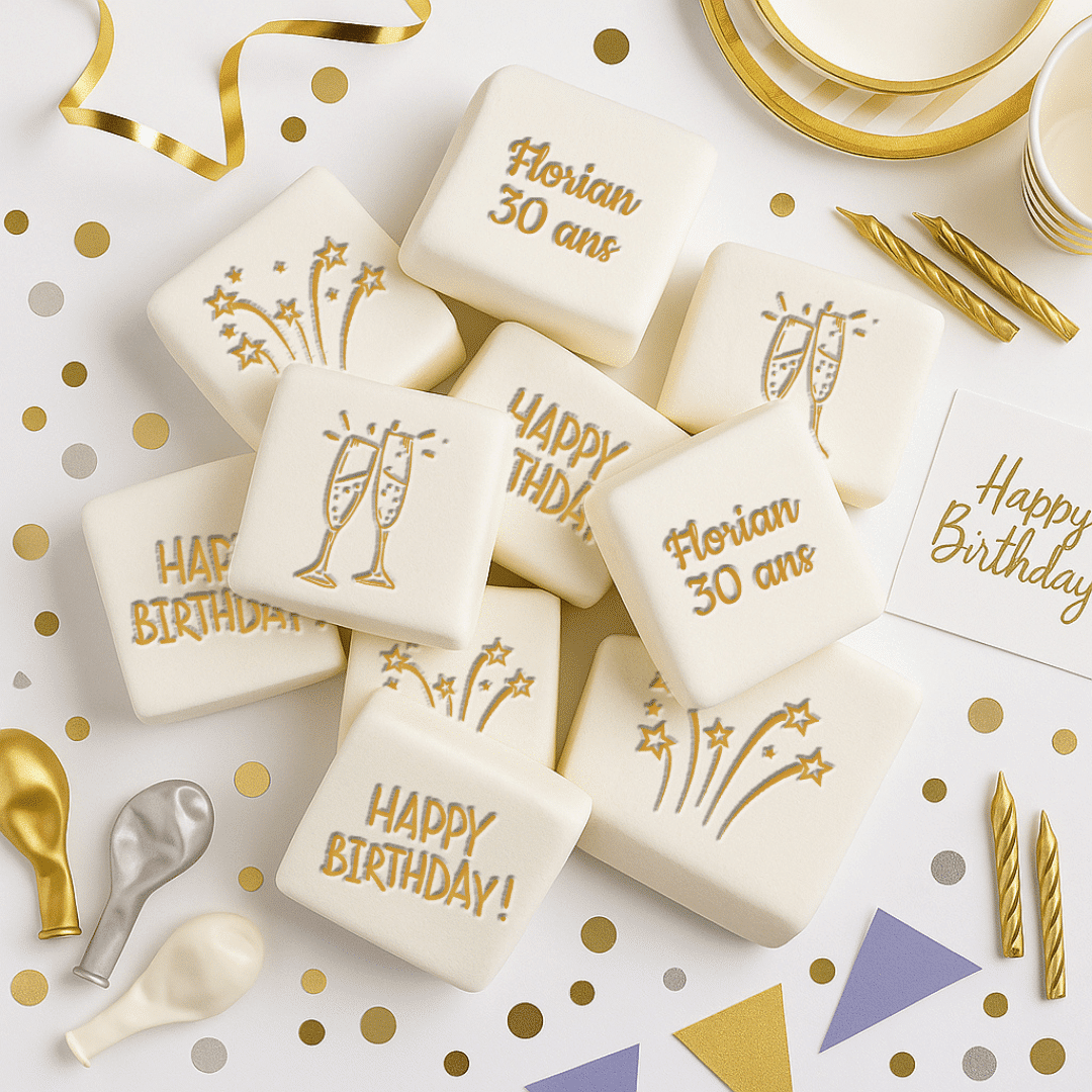 Marshmallow di buon compleanno personalizzati e incisi