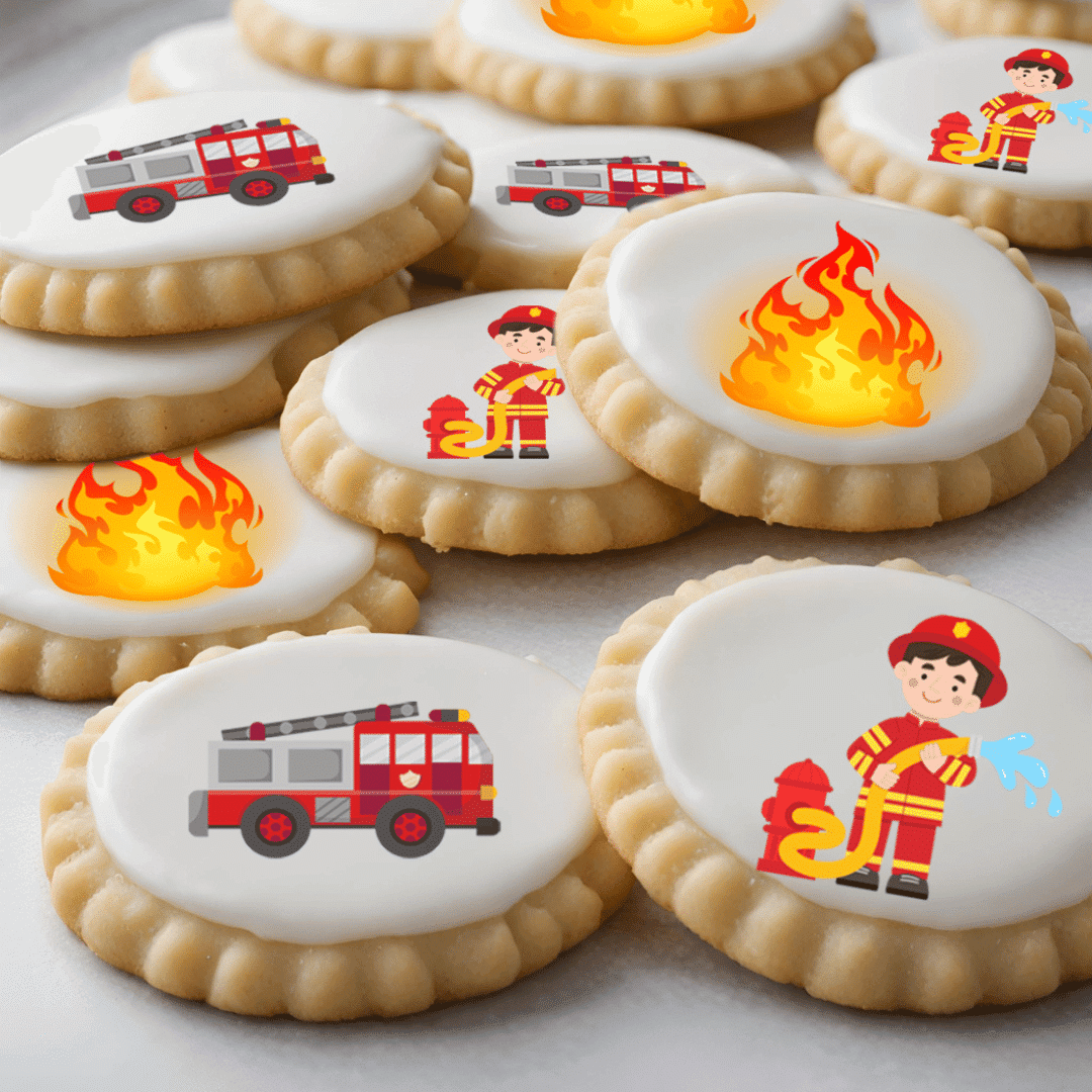 sabbie decorate, dischi di zucchero, pompiere
