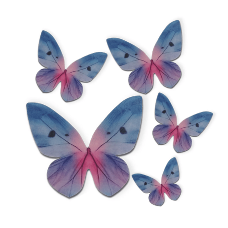 Farfalle di carta di riso blu e viola per decorare torte.