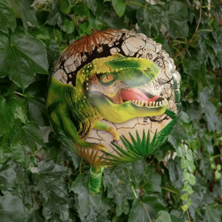 Palloncino di compleanno a forma di T-Rex in lamina, fornito con cannuccia.