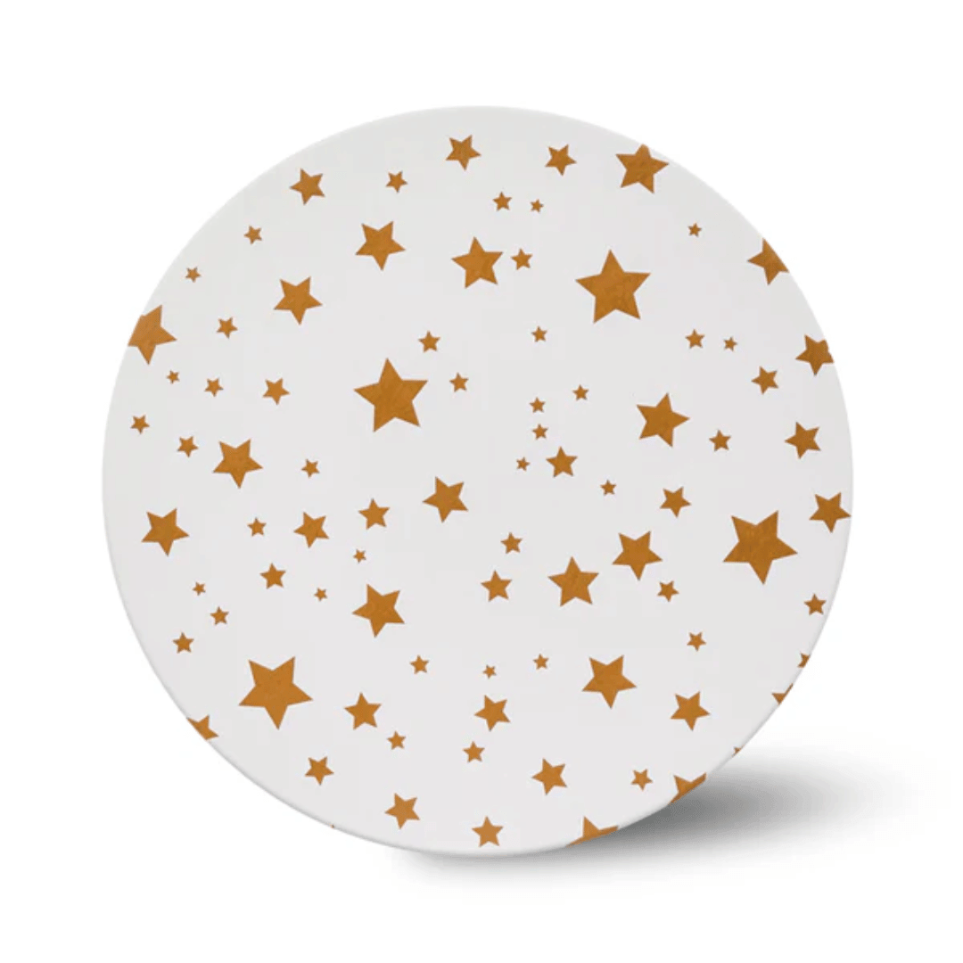 Piatto rotondo per torta, 25 cm, bianco, con decorazione a stelle dorate
