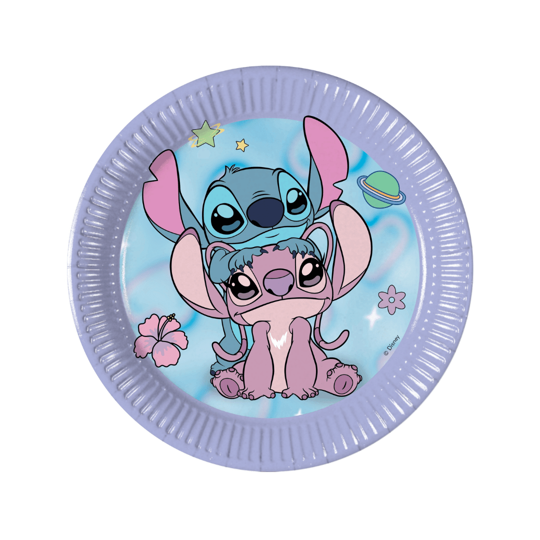 8 piatti da dessert in cartone con i disegni di Stitch e Angel