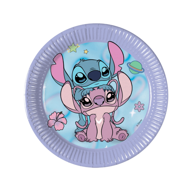 8 piatti da dessert in cartone con i disegni di Stitch e Angel