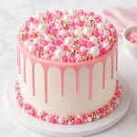 Decorazioni per torte con gocce di zucchero rosa e bianche a forma di perle.
