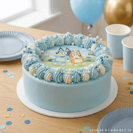 Decorazioni di perle di zucchero blu e bianche su una torta blu