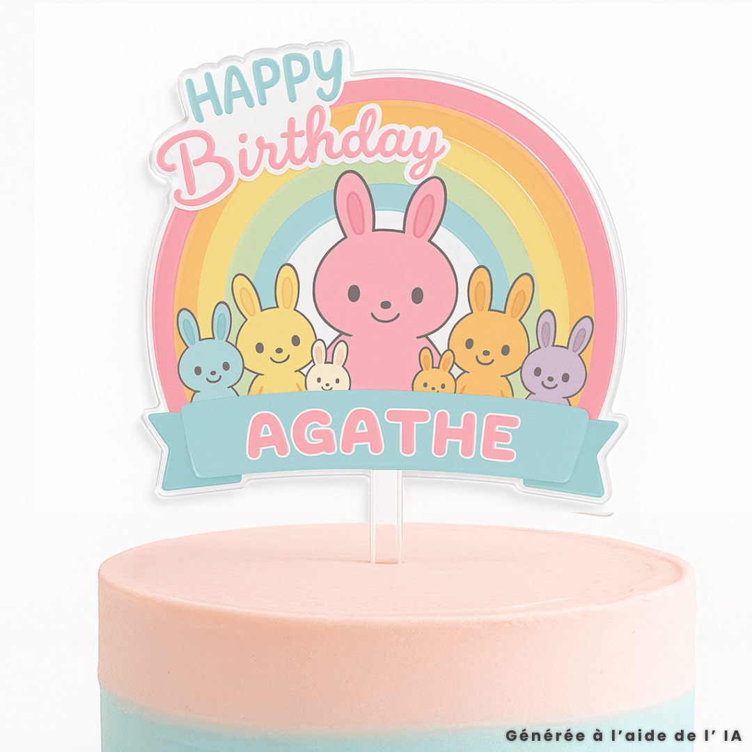 Decorazione personalizzata per torta a forma di coniglietto con nome e messaggio.