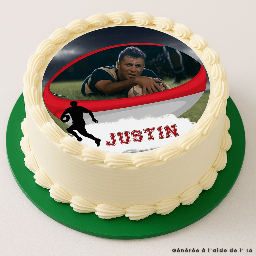 Foto rotonda commestibile da 24 cm a tema rugby, personalizzabile.