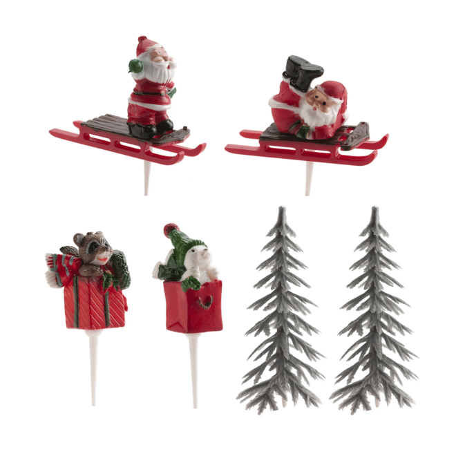 6 decorazioni per un ceppo natalizio: alberi di Natale, Babbo Natale e regali.