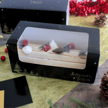 Tronchetto di Natale nero con finestra e scritta "buone feste"