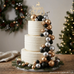 Idea per decorare una torta di Natale con palline dorate, argentate e nere.