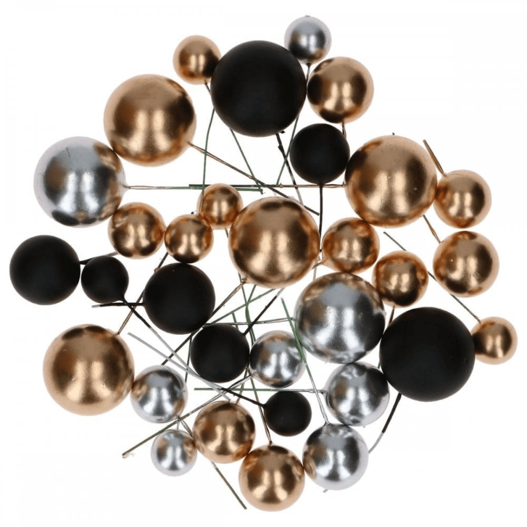 palline decorative per torta nei colori oro metallizzato, argento e nero