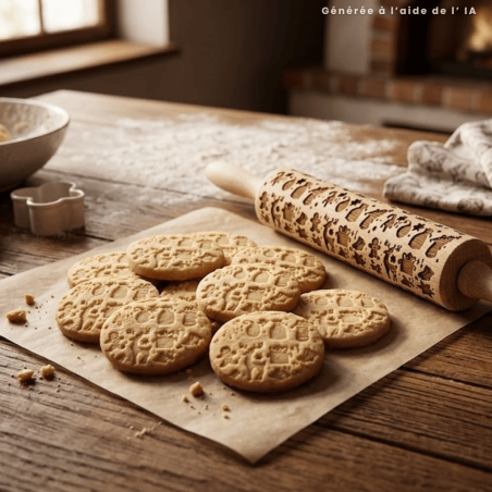 Mattarello con decorazioni per biscotti di pasta frolla natalizi.
