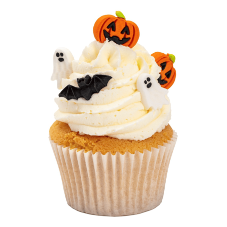 Decorazioni di zucchero a forma di zucca e fantasma per cupcake di Halloween