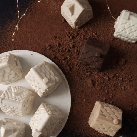 Stampo in silicone 3D per villaggio natalizio, ideale per dessert al cioccolato.