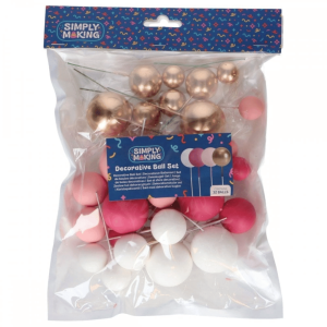 Set di 32 palline decorative per torta nei colori rosa, bianco e oro.