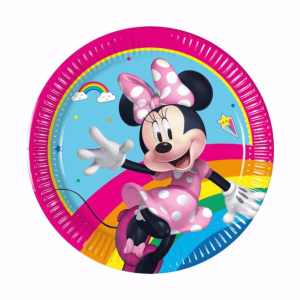 8 piatti di carta per compleanno di Minnie Mouse con decorazioni arcobaleno