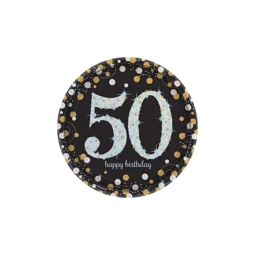 8 piatti piani in cartoncino 50 anni nero glitter