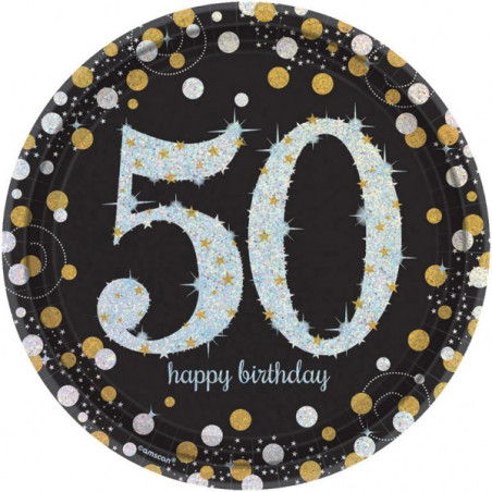 8 piatti piani in cartoncino 50 anni nero glitter