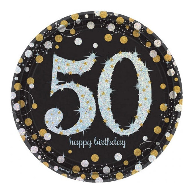 8 piatti piani in cartoncino 50 anni nero glitter